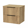 Milan Fluted Autumn Oak 600mm Wall Hung 2-Drawer Countertop Vanity Unit with Matt Black Handles