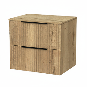 Milan Fluted Autumn Oak 600mm Wall Hung 2-Drawer Countertop Vanity Unit with Matt Black Handles