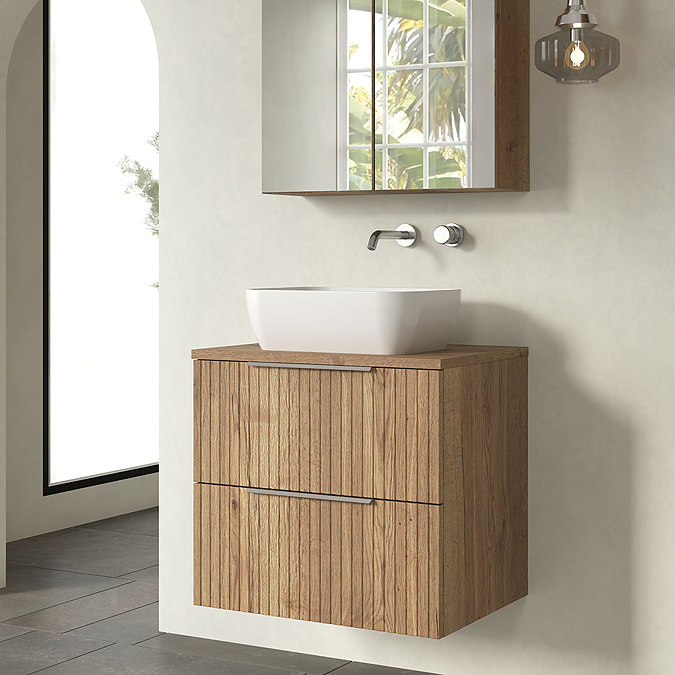 Milan Fluted Autumn Oak 600mm Wall Hung 2-Drawer Countertop Vanity Unit