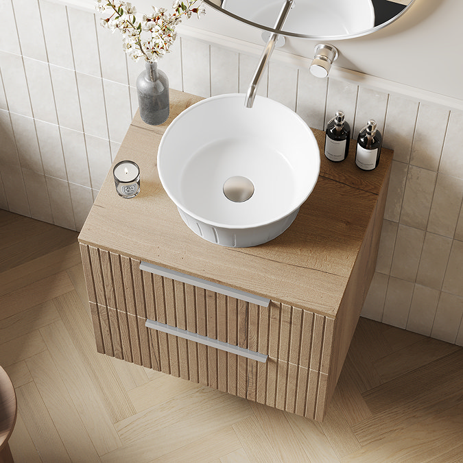 Milan Fluted Autumn Oak 600mm Wall Hung 2-Drawer Countertop Vanity Unit