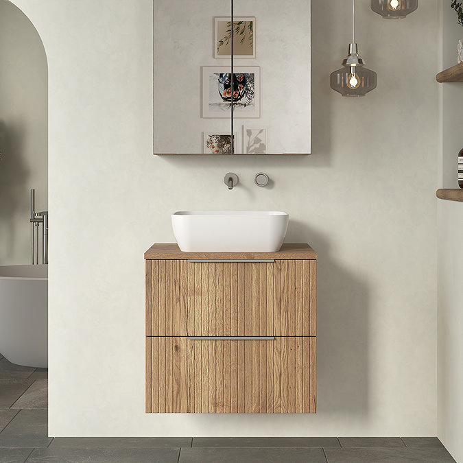 Milan Fluted Autumn Oak 600mm Wall Hung 2-Drawer Countertop Vanity Unit