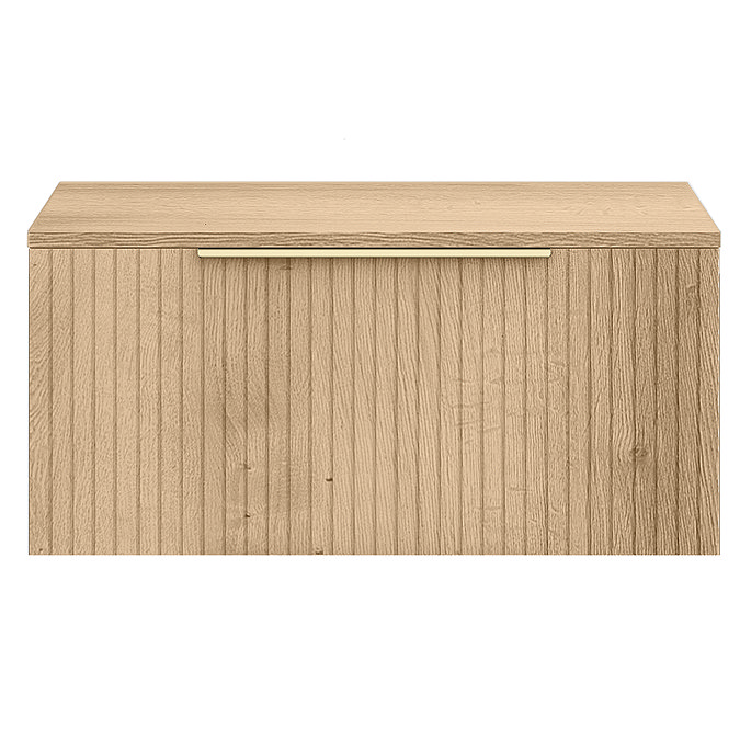 Milan Fluted Autumn Oak 800mm Wall Hung 1-Drawer Countertop Vanity Unit with Brushed Brass Handle