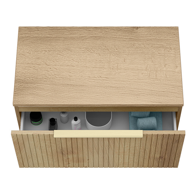 Milan Fluted Autumn Oak 800mm Wall Hung 1-Drawer Countertop Vanity Unit with Brushed Brass Handle