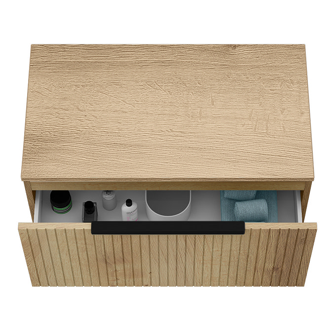 Milan Fluted Autumn Oak 800mm Wall Hung 1-Drawer Countertop Vanity Unit with Matt Black Handle