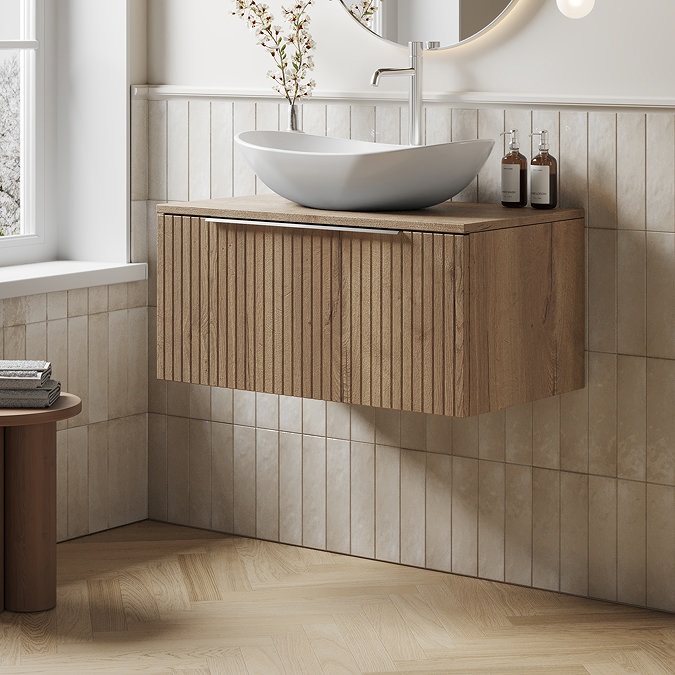 Milan Fluted Autumn Oak 800mm Wall Hung 1-Drawer Countertop Vanity Unit with Chrome Handle