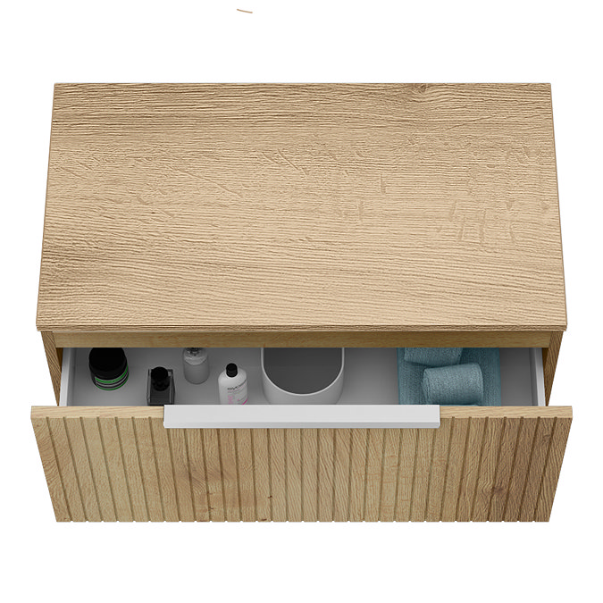 Milan Fluted Autumn Oak 800mm Wall Hung 1-Drawer Countertop Vanity Unit with Chrome Handle