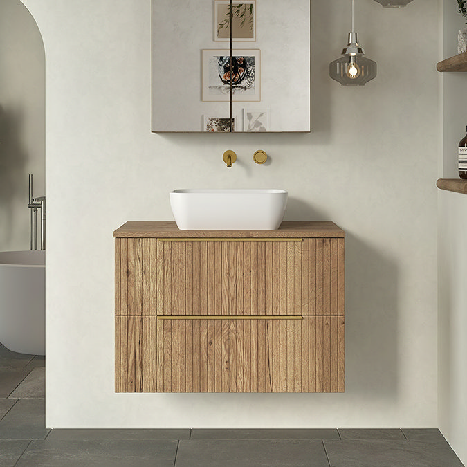 Milan Fluted Autumn Oak 800mm Wall Hung 2-Drawer Countertop Vanity Unit with Brushed Brass Handles