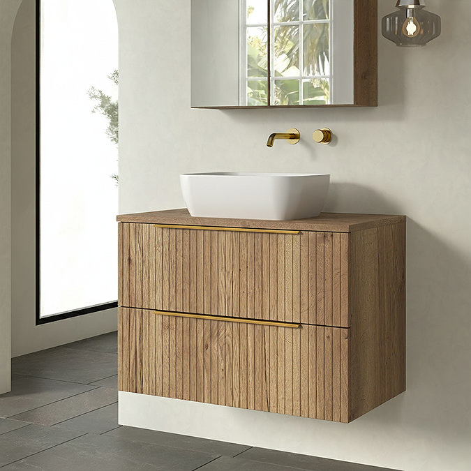Milan Fluted Autumn Oak 800mm Wall Hung 2-Drawer Countertop Vanity Unit with Brushed Brass Handles