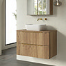 Milan Fluted Autumn Oak 800mm Wall Hung 2-Drawer Countertop Vanity Unit with Brushed Brass Handles