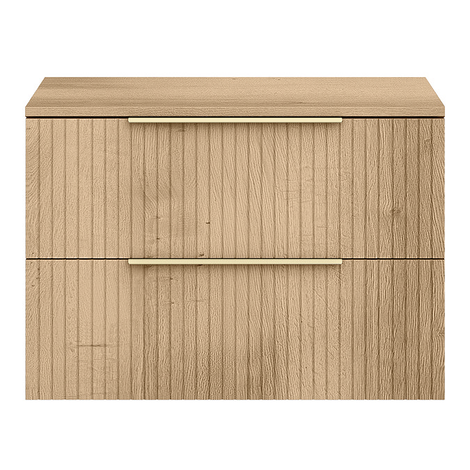 Milan Fluted Autumn Oak 800mm Wall Hung 2-Drawer Countertop Vanity Unit with Brushed Brass Handles