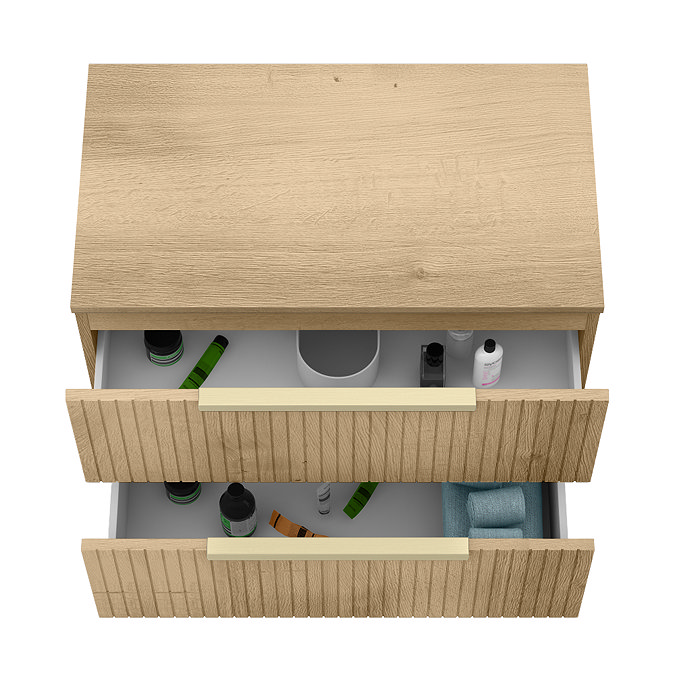 Milan Fluted Autumn Oak 800mm Wall Hung 2-Drawer Countertop Vanity Unit with Brushed Brass Handles