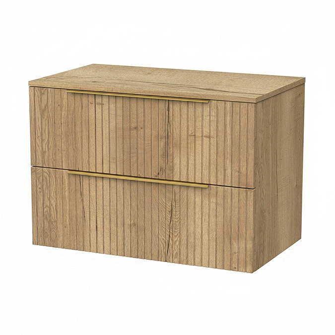 Milan Fluted Autumn Oak 800mm Wall Hung 2-Drawer Countertop Vanity Unit with Brushed Brass Handles