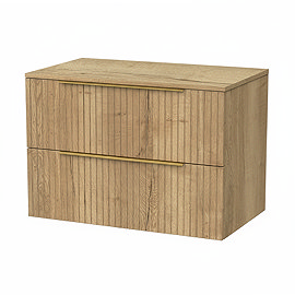 Milan Fluted Autumn Oak 800mm Wall Hung 2-Drawer Countertop Vanity Unit with Brushed Brass Handles
