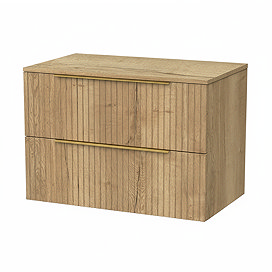 Milan Fluted Autumn Oak 800mm Wall Hung 2-Drawer Countertop Vanity Unit with Brushed Brass Handles