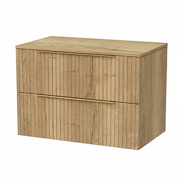 Milan Fluted Autumn Oak 800mm Wall Hung 2-Drawer Countertop Vanity Unit with Brushed Brass Handles