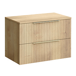 Milan Fluted Autumn Oak 800mm Wall Hung 2-Drawer Countertop Vanity Unit with Brushed Brass Handles