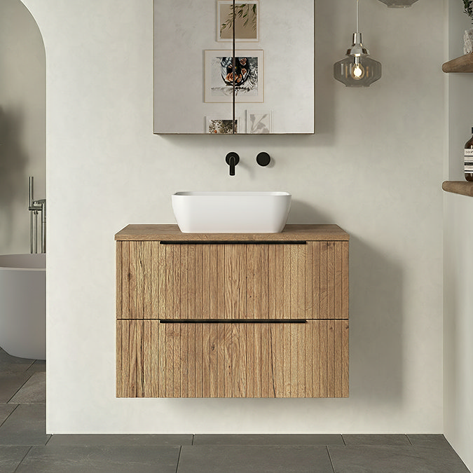 Milan Fluted Autumn Oak 800mm Wall Hung 2-Drawer Countertop Vanity Unit with Matt Black Handles