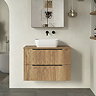 Milan Fluted Autumn Oak 800mm Wall Hung 2-Drawer Countertop Vanity Unit with Matt Black Handles