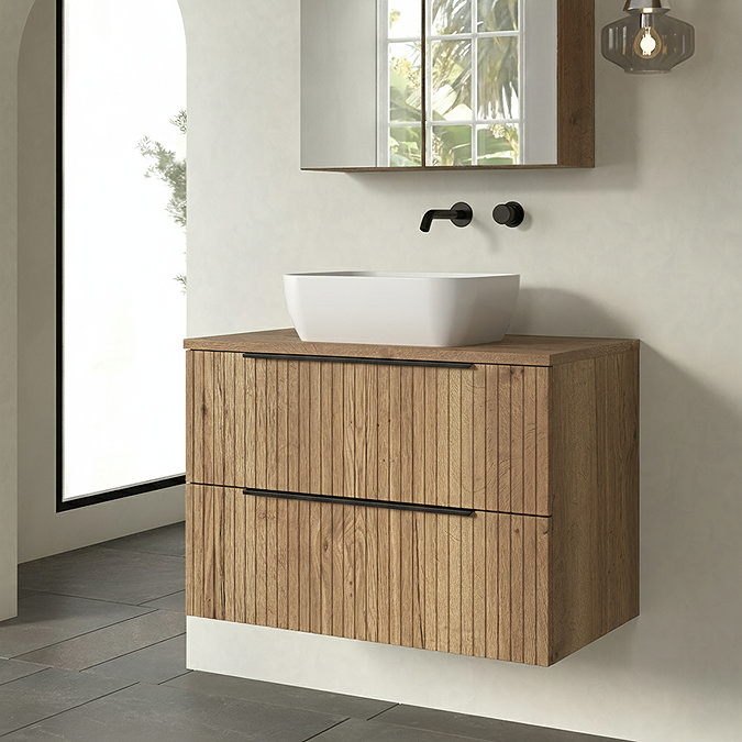 Milan Fluted Autumn Oak 800mm Wall Hung 2-Drawer Countertop Vanity Unit with Matt Black Handles