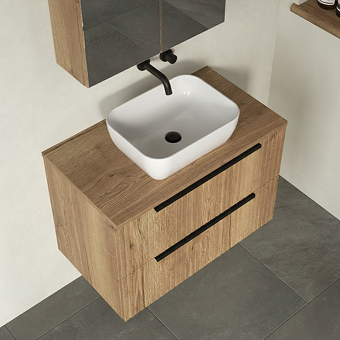 Milan Fluted Autumn Oak 800mm Wall Hung 2-Drawer Countertop Vanity Unit with Matt Black Handles
