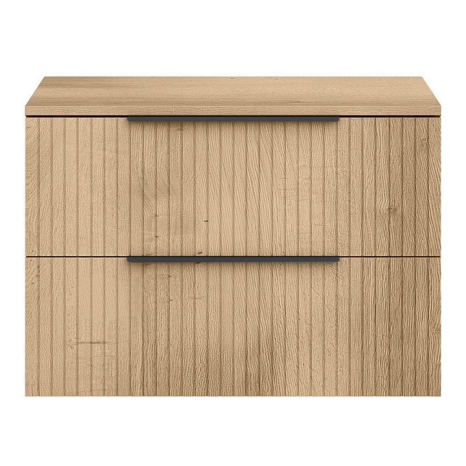 Milan Fluted Autumn Oak 800mm Wall Hung 2-Drawer Countertop Vanity Unit with Matt Black Handles
