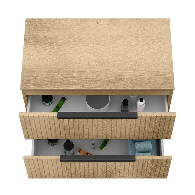 Milan Fluted Autumn Oak 800mm Wall Hung 2-Drawer Countertop Vanity Unit with Matt Black Handles