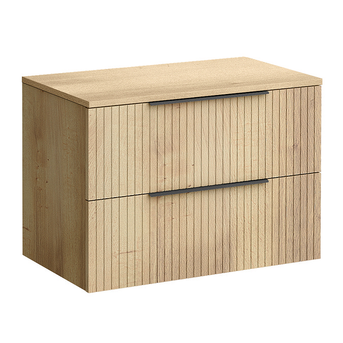 Milan Fluted Autumn Oak 800mm Wall Hung 2-Drawer Countertop Vanity Unit with Matt Black Handles