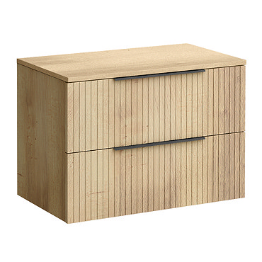 Milan Fluted Autumn Oak 800mm Wall Hung 2-Drawer Countertop Vanity Unit with Matt Black Handles