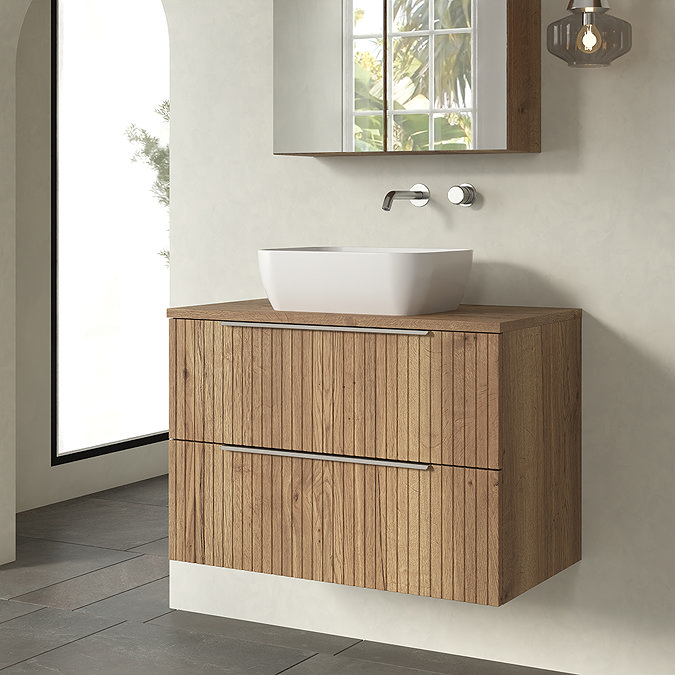 Milan Fluted Autumn Oak 800mm Wall Hung 2-Drawer Countertop Vanity Unit