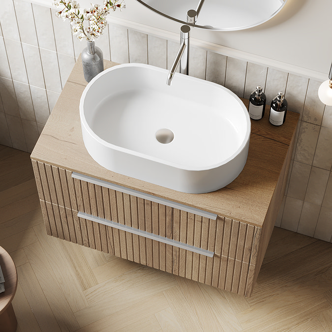 Milan Fluted Autumn Oak 800mm Wall Hung 2-Drawer Countertop Vanity Unit