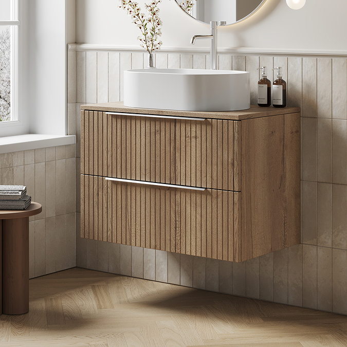 Milan Fluted Autumn Oak 800mm Wall Hung 2-Drawer Countertop Vanity Unit
