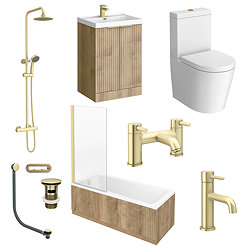 Milan Fluted Autumn Oak & Brushed Brass Bathroom Suite with Bath Panels - Floor Standing Vanity