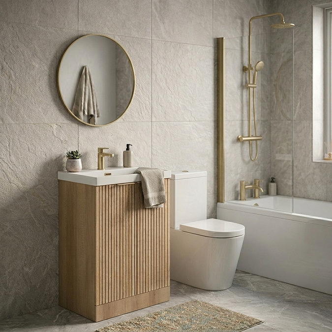 Milan Fluted Autumn Oak & Brushed Brass Complete Bathroom Suite