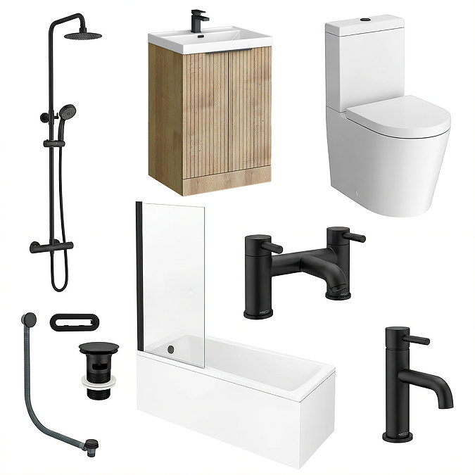 Milan Fluted Autumn Oak & Matt Black Complete Bathroom Suite