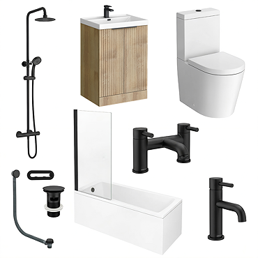 Milan Fluted Autumn Oak & Matt Black Complete Bathroom Suite