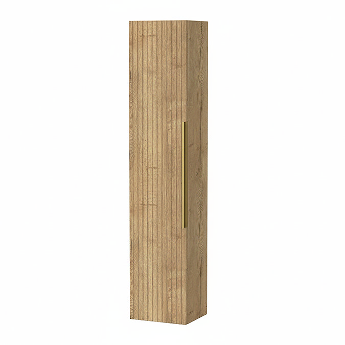 Milan Fluted Autumn Oak Wall Hung Tall Storage Unit with Brushed Brass Handle