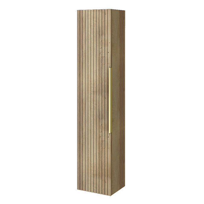 Milan Fluted Autumn Oak Wall Hung Tall Storage Unit with Brushed Brass Handle