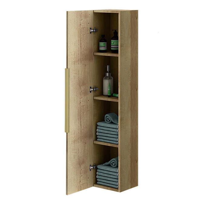 Milan Fluted Autumn Oak Wall Hung Tall Storage Unit with Brushed Brass Handle