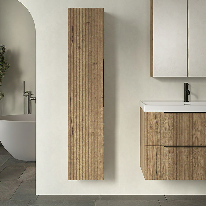 Milan Fluted Autumn Oak Wall Hung Tall Storage Unit with Matt Black Handle
