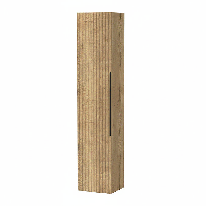 Milan Fluted Autumn Oak Wall Hung Tall Storage Unit with Matt Black Handle
