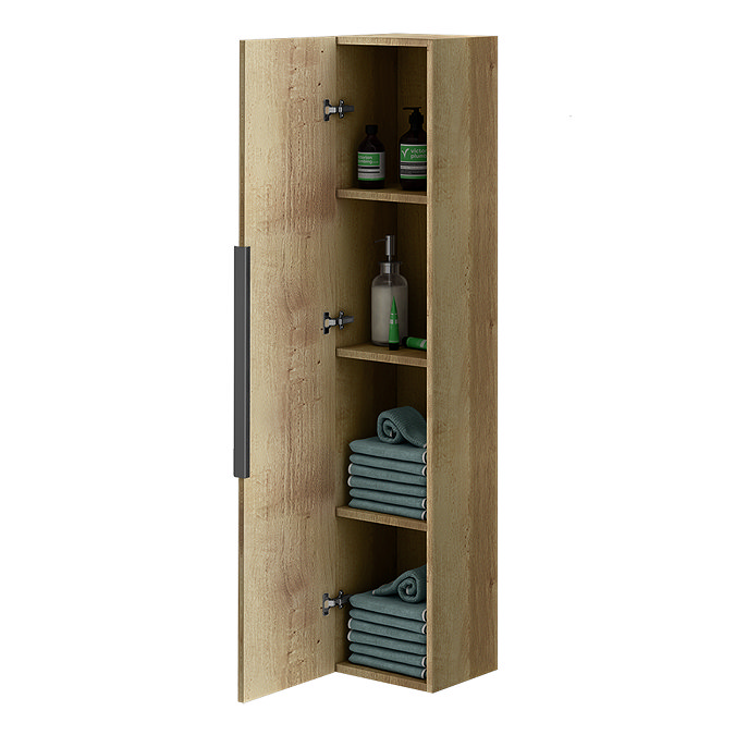 Milan Fluted Autumn Oak Wall Hung Tall Storage Unit with Matt Black Handle