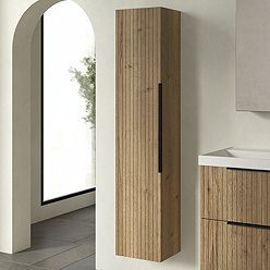 Milan Fluted Autumn Oak Wall Hung Tall Storage Unit with Matt Black Handle