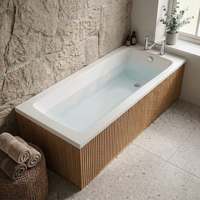Milan Fluted Brass & Autumn Oak Bathroom Suite with Bath Panels