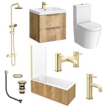 Milan Fluted Autumn Oak & Brushed Brass Bathroom Suite with Bath Panels - Wall Hung Vanity