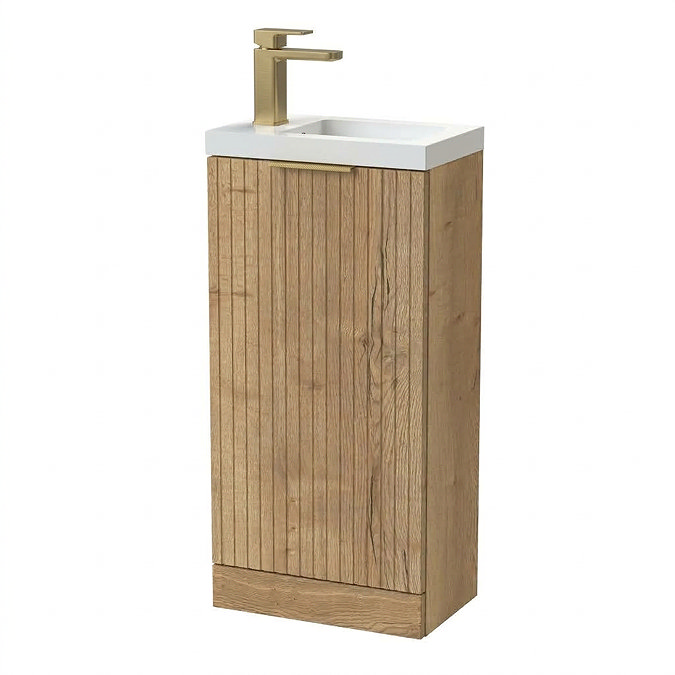 Milan Fluted Compact 400mm Autumn Oak Floor Standing Vanity Unit with Brushed Brass Handle