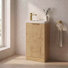 Milan Fluted Compact 400mm Autumn Oak Floor Standing Vanity Unit with Brushed Brass Handle