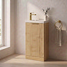 Milan Fluted Compact 400mm Autumn Oak Floor Standing Vanity Unit with Brushed Brass Handle