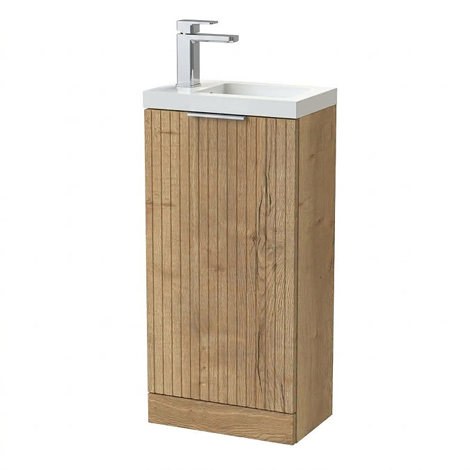 Milan Fluted Compact 400mm Autumn Oak Floor Standing Vanity Unit with Chrome Handle