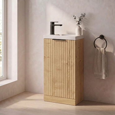 Milan Fluted Compact 400mm Autumn Oak Floor Standing Vanity Unit with Matt Black Handle