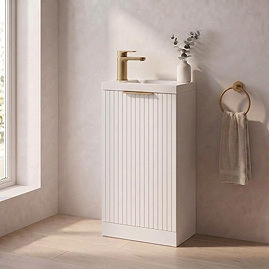 Milan Fluted Compact 400mm Matt White Floor Standing Vanity Unit with Brushed Brass Handle